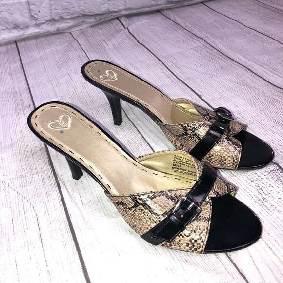 Madeline open toe Heeled pumps black tan size 8.5 - Picture 1 of 6
